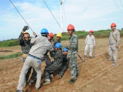 8月11日下午，为了尽早恢复灾区用电，长汀公司支援抢修队在莆田市秀屿区10千伏石井线作业。